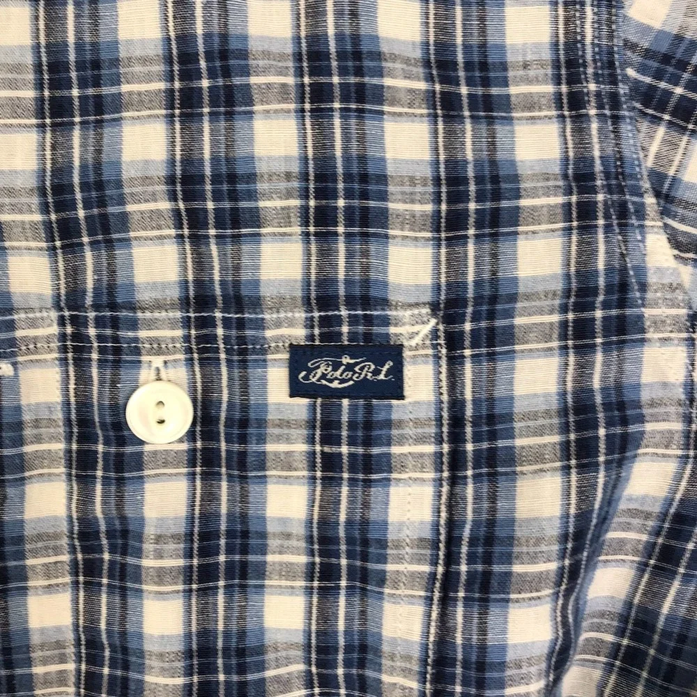 Polo Ralph Lauren Shirt Men L Blue Plaid Linen Cotton Blend Button Up Pockets